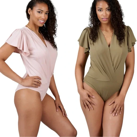 Haute Monde Ruffle Flutter Sleeve Mock Wrap Bodysuit Top Blush Pink Medium Sexy - Picture 4 of 16